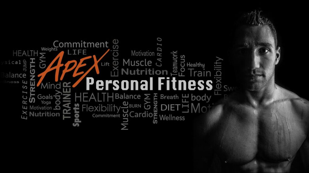 Apex Personal Fitness logo with fitness motivation word cloud and athletic man