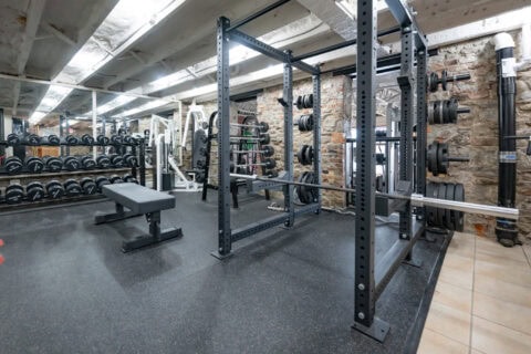 Power rack and free weight area with dumbbells at Apex Personal Fitness Youngstown NY
